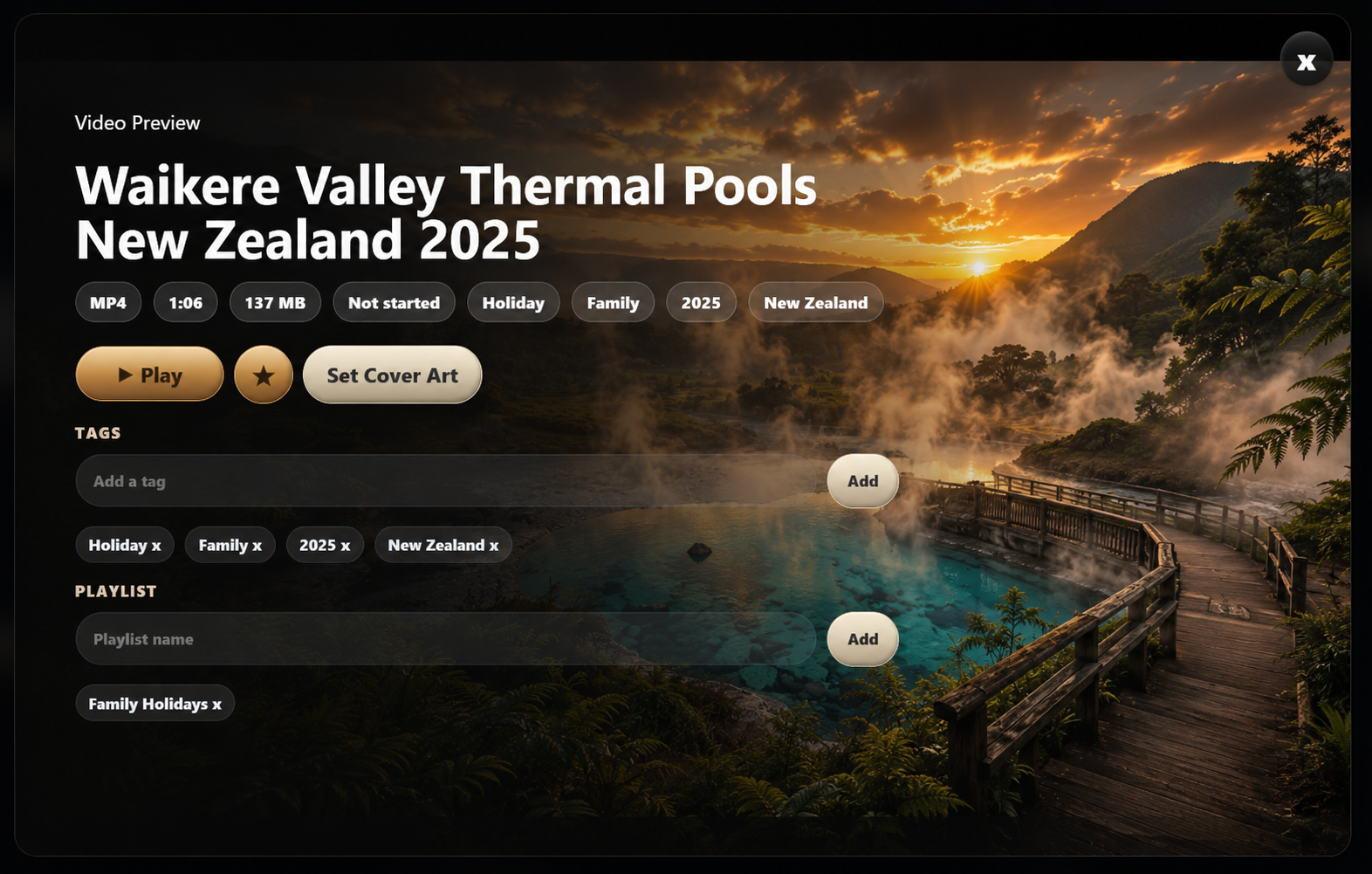FolderStream cinematic video preview screen showing cover art, play actions, tags, playlists, and a scenic backdrop.